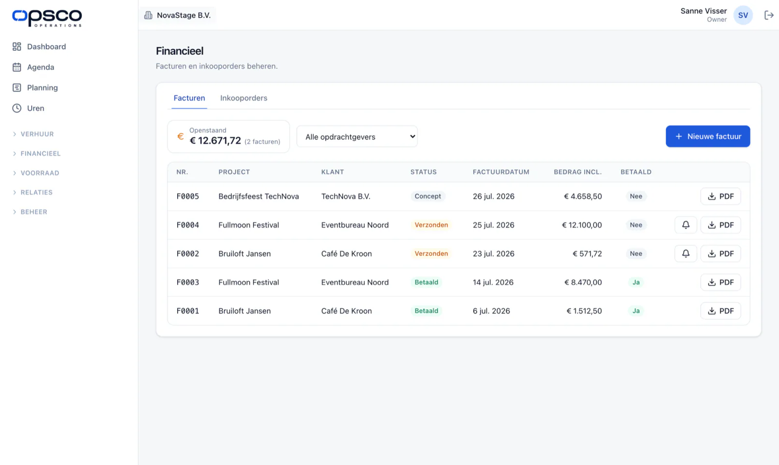Facturenoverzicht in Opsco.io met status, vervaldatum en openstaand saldo
